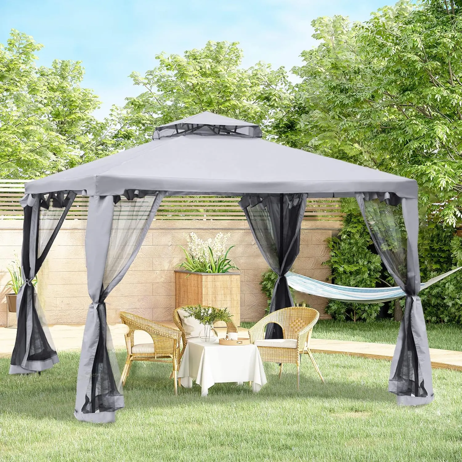 Greywick 9.6'x9.6' Bug-Free Gazebo Shelter | 2-Tier Vented Roof + 4 Mesh Walls, Steel Frame, 93 Sq Ft Screen House Tent for Lawn, Gatherings & Yard Parties (Gray / Taupe / Cream)