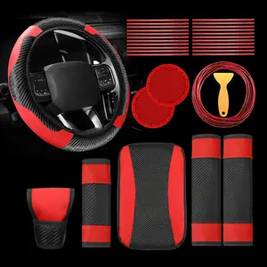 Riakrum 30 Car Accessories Set Red and Black PU Leather Steering Wheel Cover Auto Interior Accessories Gift Car Vent Trim Strips Air Conditioner Insert Strips with Installation Tool