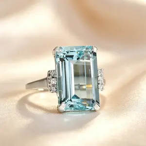 Luxury Aquamarine Tone Statement Ring, Brilliant Geometric Square-Cut Design, Delicate Side Sparkles, Timeless Minimalist Style, For Bridal & High-End Occasions
