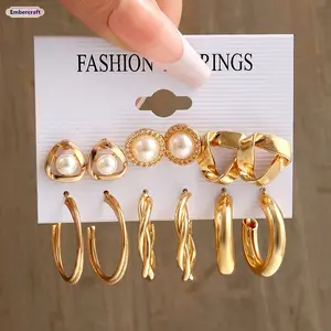 6 Pairs Earrings Set for Women, Geometric Hoop and Pearl Earrings, Vintage Style Lightweight Earrings for Daily Wear, Party and Travel