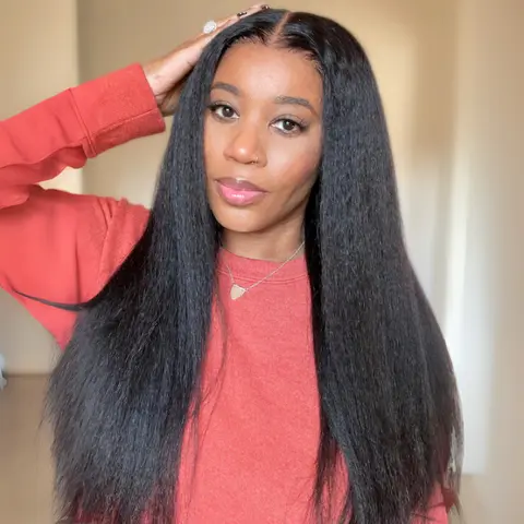 UNICE Female V-Part Human Hair Wig - Women's Kinky Straight Yaki Full Machine Wig, Glueless, Beginner-Friendly, Easy to Install, Adjustable Drawstring, Heat Resistant, V Part Wig