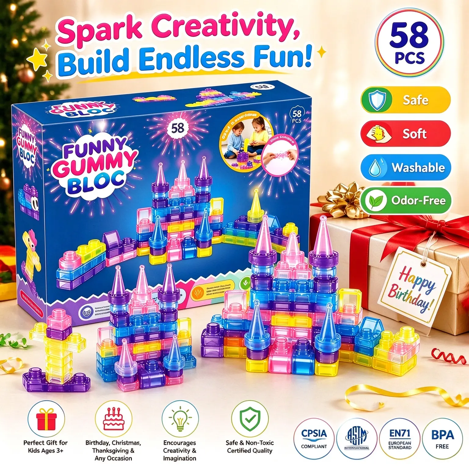 58PCS Upgraded Jelly Building Blocks Set, Colorful Translucent Castle Building Blocks, Soft Sensory Stacking Toy for Kids