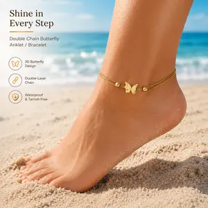 3D Shine Butterfly Anklet Bohemian Handmade Adjustable Foot Chain Golden Matte Butterfly Bracelet Women Double-layer Elegant Ankle Chain Vacation Travel Beach Bracelet Jewelry Holiday Wear Accessories