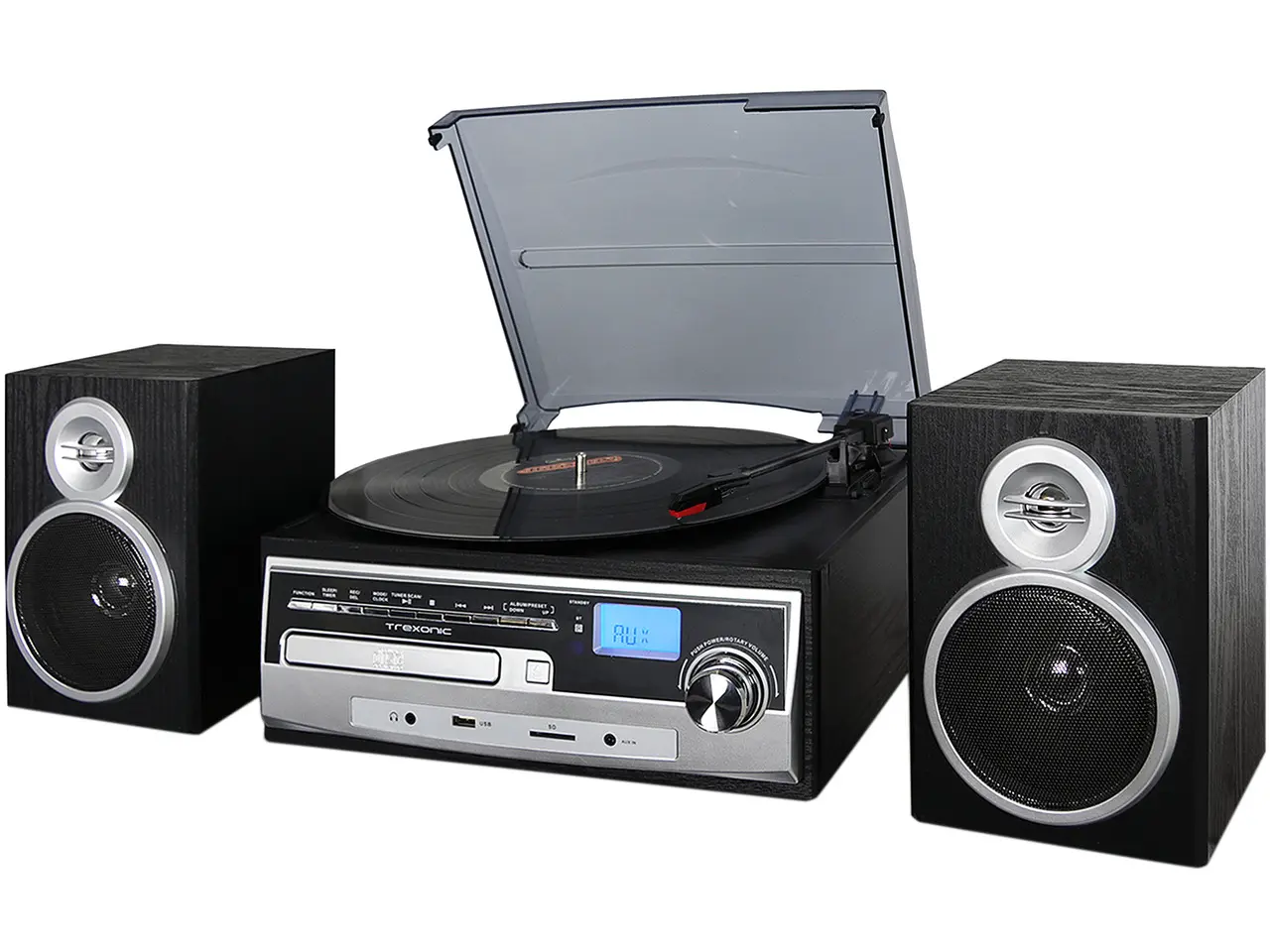 Trexonic 3-Speed Vinyl Turntable Home Stereo System with CD Player, FM Radio, Bluetooth, USB/SD Recording and Wired Shelf Speakers