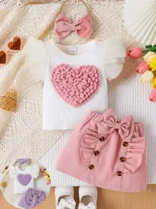 Ready Stock 6m-3y Baby Girl Valentine's Day Outfit 3-Piece Ruffle Sleeve Top, Skirt & Headband Set 22503143 Soft Fabrics Elastic Waistband
