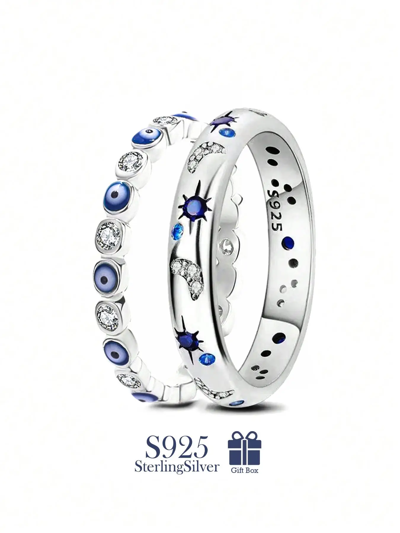 925 Sterling Silver Fashion Eye & Star Design Cuff Ring, Rhinestone Decorated Ring, Fashion Jewelry for Party, Daily Clothing Decor, Trendy All-match