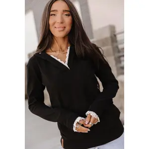 Henley Hoodie - Midnight Lace | Womenswear Sweatshirt Black Lace Trim | Casual Soft Stretchy | Plus Size