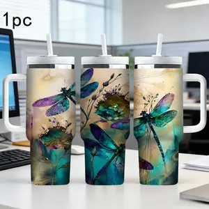 1pc 40oz Stainless Steel Handheld Insulated Cup, Limited Edition Ink Dragonfly Design, High Aesthetic Value, Must-Have Drinkware