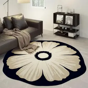 Cream Color Floral Round Living Room Rug, Floral Area Rug, Irregular Bedroom Mat, High-End Vanity Chair Pad, Background Flowers Design