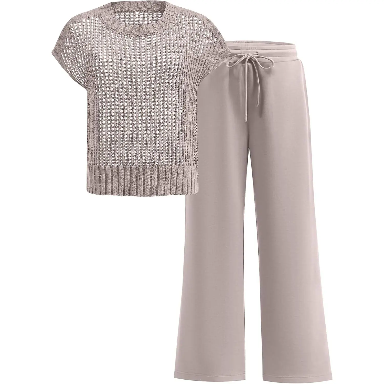 Women Two Piece Outfits Crochet Sheer Knit Sweater Top Wide Leg Pants Lounge Matching Sets Sweatsuit Travel Clothes, Polyester, Short