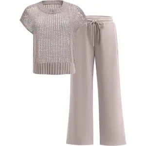 Women Two Piece Outfits Crochet Sheer Knit Sweater Top Wide Leg Pants Lounge Matching Sets Sweatsuit Travel Clothes