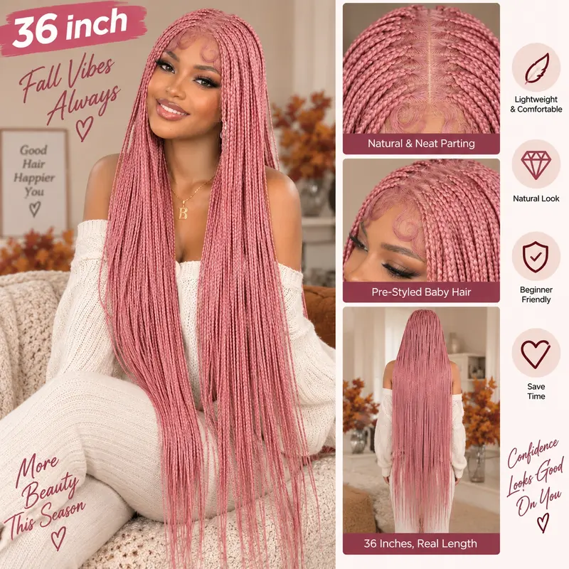 SuperNova Pink 36'' Full Lace Synthetic Box Braided Wig - Handmade Lightweight, Tangle-Free, Beginner-Friendly, Glueless, Full Lace Area, Medium Size with Adjustable Straps #Halloween #TikTokShopStockUp #DealsForYouDays #Sohochic