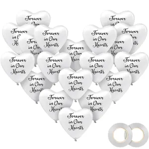 60 Pieces Memorial Balloons Funeral Hearts Shape Remembrance Latex Balloons With 2 Rolls Ribbons For Funeral, Condolence, Anniversary, Memorial Decoration(White)