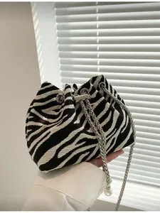 Small Bucket Bag Zebra Print Drawstring Design Pearl Decoration Fashion Women's Hobo Crossbody Bag Casual Trendy Bag