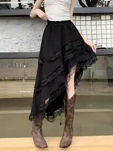 Elegant Lace Patchwork A-Line Skirt, Summer High Waist Loose Fit, Long Cake Dress with Inner Safety Pants, Perfect for Daily Wear and Parties, Womenswear
