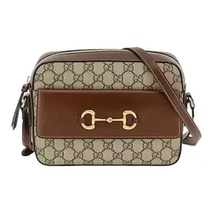 Pre-owned GUCCI COWHIDE Shoulder Bags Horsebit 1955 Gold Horsebit Buckle Monogram All Over Zipper Closure Canvas & Leather Camera Bag Crossbody Shoulder Bag