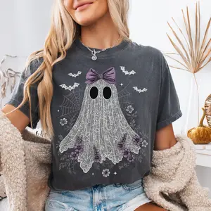 Lace Ghost Bow Comfort Colors Tee Halloween Graphic Shirt Spooky Cute Fall Outfit