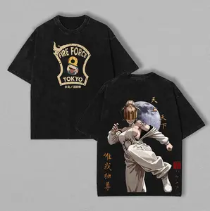 Haumea Fire Force Tokyo Anime Double Printed Vintage Washed Tee Unisex Oversize Heavyweight Cotton Manga Graphic Crewneck Soft Tops Natural Shade T-shirt Anime Gift