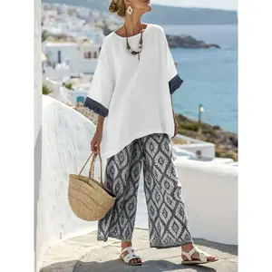 Women's Casual Set, Round Neck Three-Quarter Sleeve Blouse + Long Pants Design, Ideal for Daily Commuting