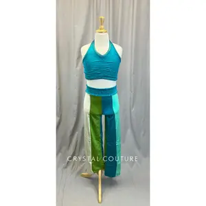 Teal, Green, Ivory Color Block Halter Crop Top and Pants Set -Rhinestones