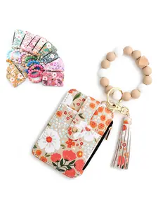 Women's Boho Beaded Wallet with Flower Pattern, Women Boho Style Beaded & Tassel Decorated Keychain, Credit Card Holder Purse