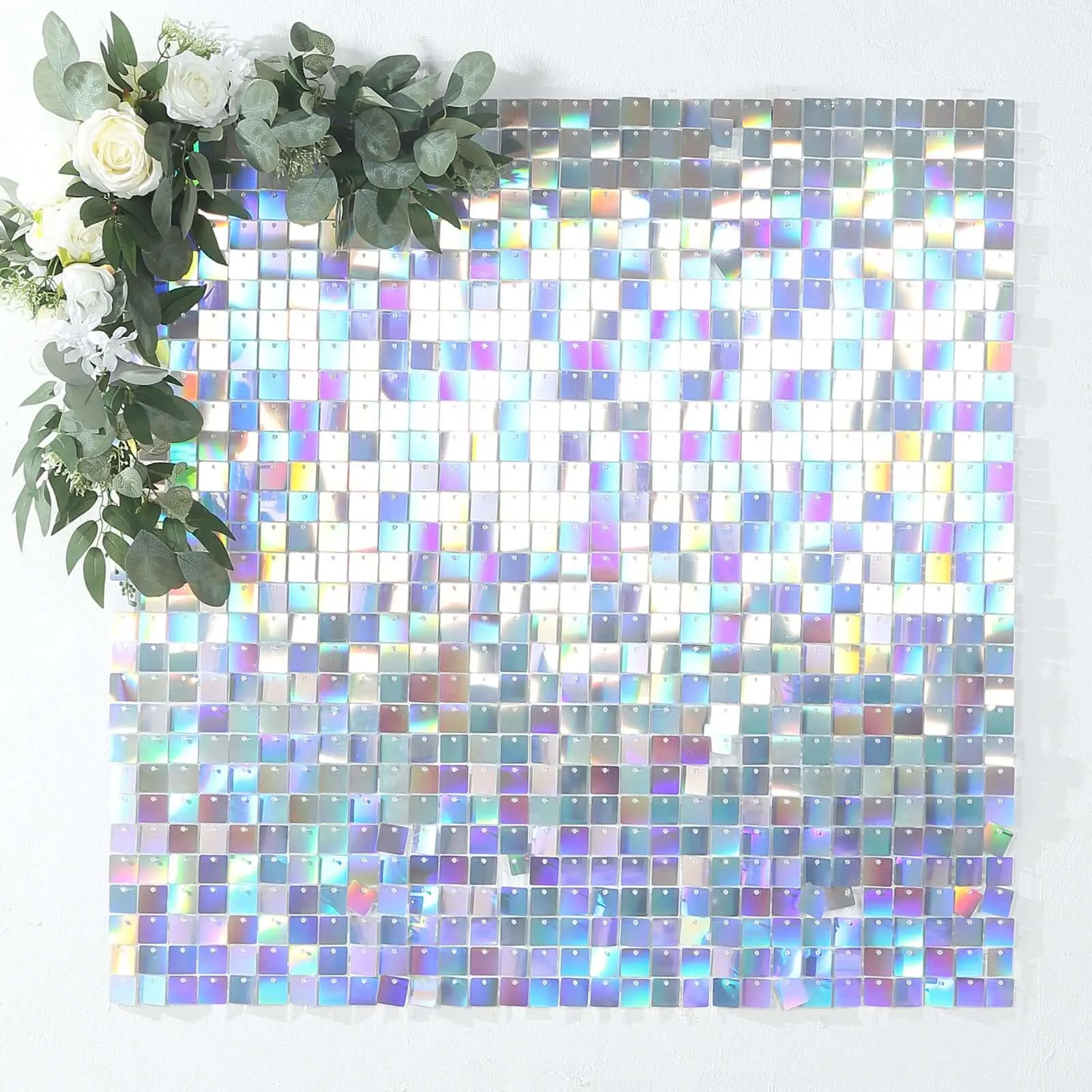 Iridescent Holographic Blue Square Sequin Backdrop Banner Set - 24 Panels, 24 sq ft Washable Shimmer Wall Festive Backdrops & Banners, Indoor Sequin Decoration, Wall Art Decor for Wedding, Birthday Home Supplies