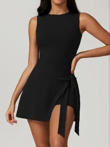 Women's Solid Wrap Tie Side Round Neck Tank Dress, Casual Sleeveless Short Dress for Daily Wear, Ladies Clothes for All Seasons