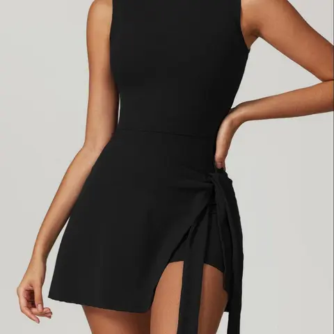 Women's Solid Wrap Tie Side Round Neck Tank Dress Sleeveless Short Dress Mini Dress Bodycon Side Slit for Daily Wear, Ladies Clothes for All Seasons, Summer, Everyday