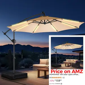 [With Base] 10ft Offset Outdoor Patio Umbrella with Base & Solar Light, Easy Tilt & Crank, Adjustable UPF 50+ UV Protection for Garden, Backyard & Poolside