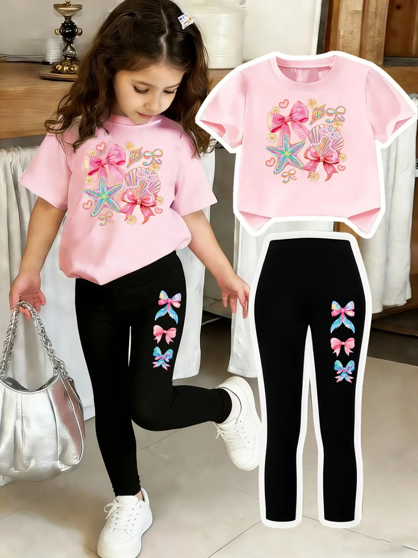 Kids Cartoon Bear Print Set, 2-Piece Girls' T-Shirt and Tight Bottoms, Comfortable Elastic Waist, Casual Spring Summer, Ages 4-12