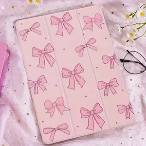Pink Full-Screen Bow Pattern Tablet Casing with Adjustable Bracket & Pen Slot Foldable Non-Slip TPU Protective Case for iPad Mini Air Pro 10th 11th Gen