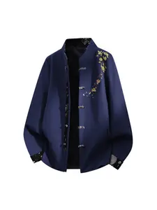 1 PC Men's Lightweight Spring Chinese-style Floral Long-Sleeved Coat. The most traditional Chinese-style men's clothing. New Chinese-style long-sleeved coat for men. Chinese ethnic Hanfu trend coat with pockets and rope fasteners.