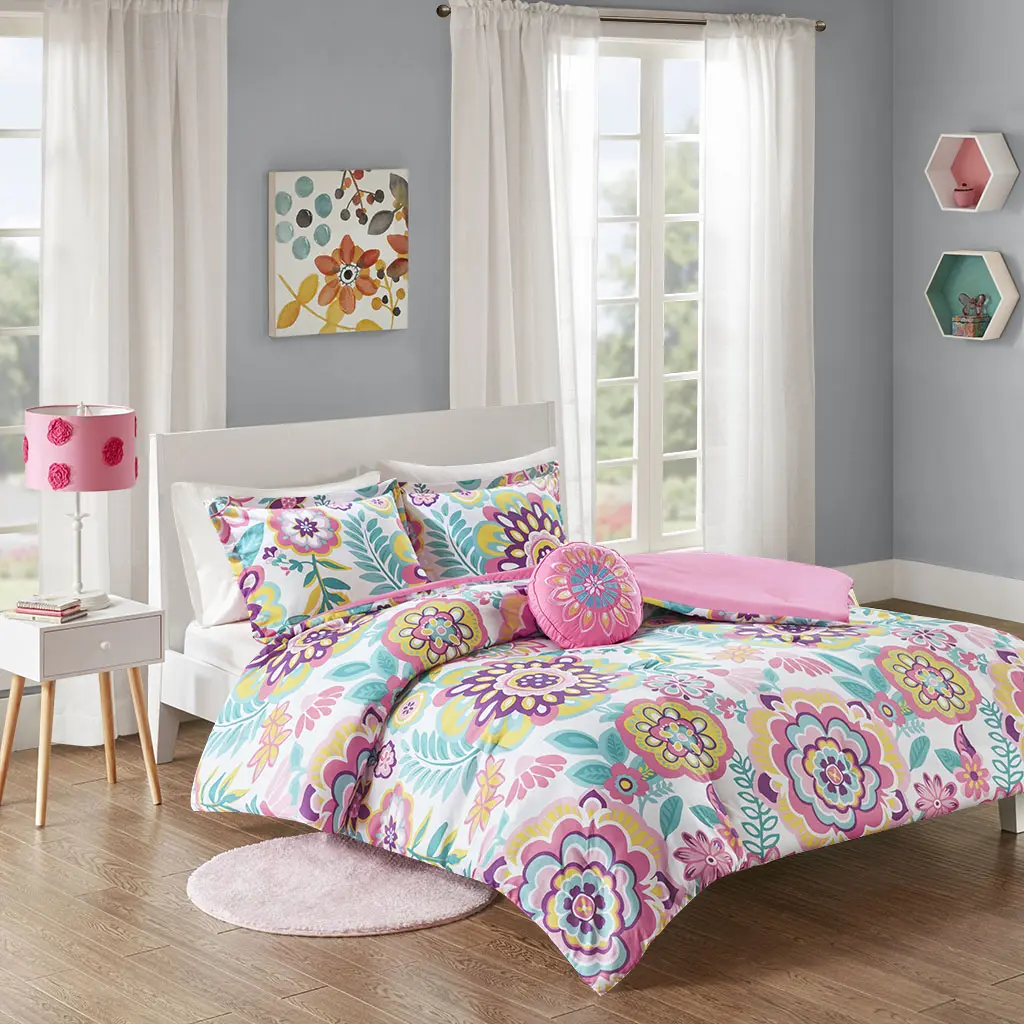 Mi Zone Camille 3-Piece Microfiber Bedding Set - Brushed Polyester Fabric, Polyester Fill, Vibrant Medallion Floral Print Blanket, Matching Sham, Decorative Pillow, All-Seasons Teen Girls Bedroom Decor, Queen, Machine Washable Pink