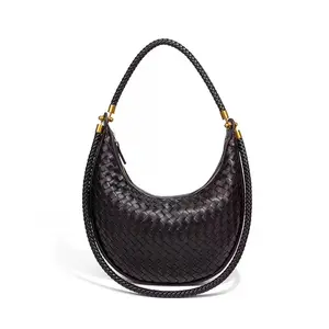 Vintage Woven Crescent Moon Bag Half-Moon One-Shoulder Crossbody Handbag with Braided Design-SWYb2356