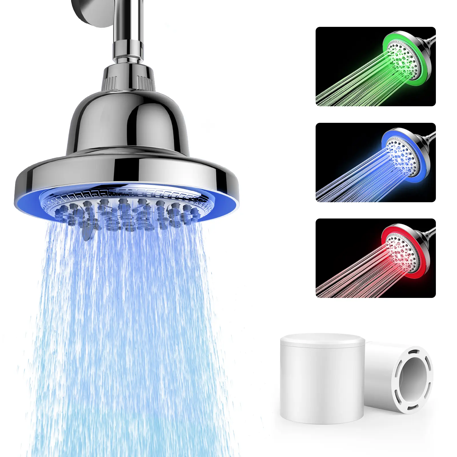 FEELSO LED Shower Head, Filtered Shower Head with Light SummerVibes, 3 Color Water Pressure Drives the Lights to Glow shower head Round Polished Fixtures Modern Water Softener Showerhead High Pressure Shower Head