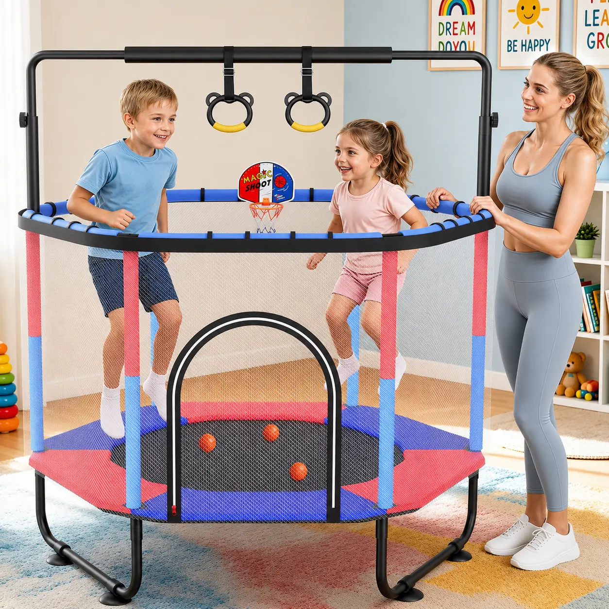 Aowos 60'' Trampoline for Kids with Hoop & Safety Net, Indoor/Outdoor Toddler Trampoline, Trampolín Para Niños, Birthday Gifts for Boys & Girls