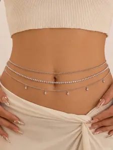 3-Pack Rhinestone Decor Waist Chain, Adjustable Layered Waist Chains for Women, Waterproof Rhinestone Bikini Body Chain, Summer Jewelry Accessories