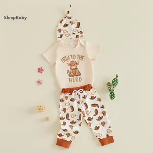 Baby Boy Western Outfit Highland Cow Short Sleeve Romper Pants and Hat 3 Piece Summer Set