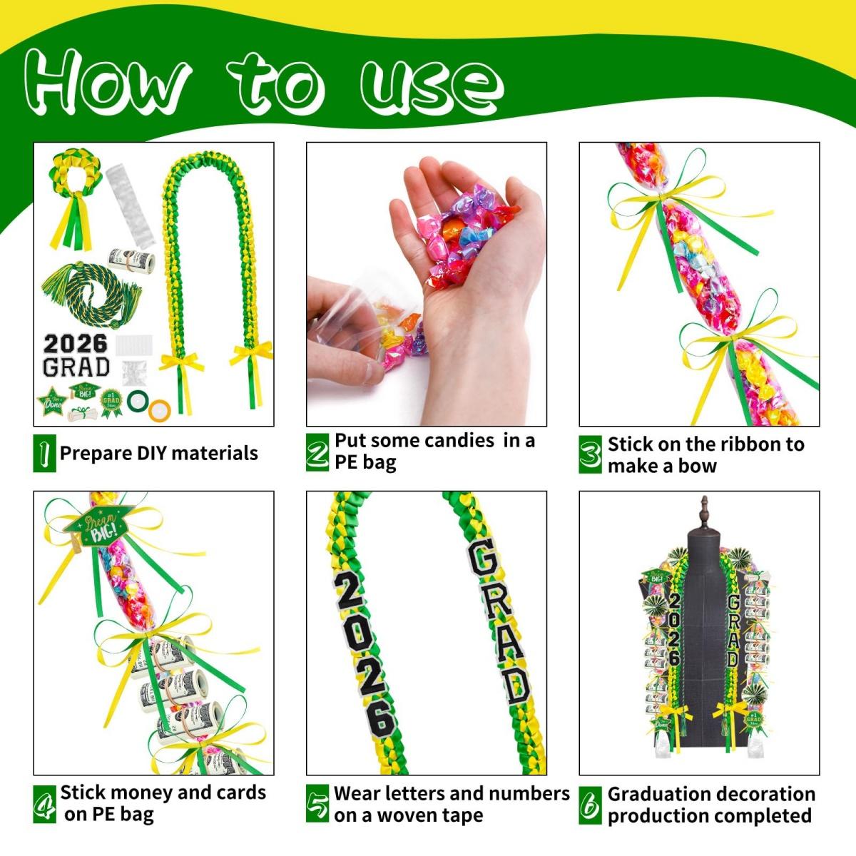 ONERIR 2026 Graduation Leis 18 Pcs - Vibrant Yellow Green Double Ribbon Youthful Class of 2026 Graduation Candy Lei Set Unisex Graduation Party Decorations Gift