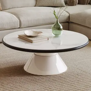 Guyii Modern Round Coffee Table 27.95 Inch Cream White Stone Glass Top with Black Edge Sturdy Single Pedestal Base Easy Clean Living Room Center Table Contemporary Accent Furniture