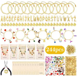 244pcs Golden Paperclip Charm Bracelet Making Kit with Pliers Suitable for Crafts, Complete DIY Supplies with Charms, Jump Rings, Gift Bags & Tools for Beginners, Lettering & Chain Bracelet Charms for Parties, Gifts,