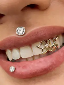 1pc Cut Out Floral Design Grillz, 18K Gold Plated Copper Material Tooth Cap Grillz, Y2K Hip-Hop Style Jewelry for Men & Women, Perfect for Date Night, Parties and Music Festivals, Couple Gifts