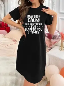 Soft & Slightly Stretchy Women's Nightgown Crew Neck Short Sleeve with I may look calm Print Sexy Elegant Youthful Perfect Gift for Christmas Mother's Day Valentine’s Day and New Year sexy nightdress