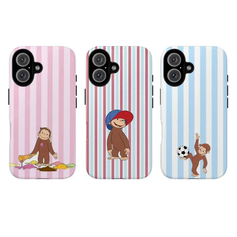 Cute Monkey Cartoon Tough Phone Case – Fun Striped Design Protective Cover, Curious Georgee Phone Cover, Suitable for iPhone 17-11 Pro Max/Plus and  Samsung Galaxy S23-25