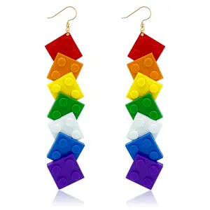 Rainbow Toy Bricks Earrings for Women Girls DIY Acrylic Drop Dangle Earrings Unisex Rainbow Jewelry Pride Day Accessories Gifts