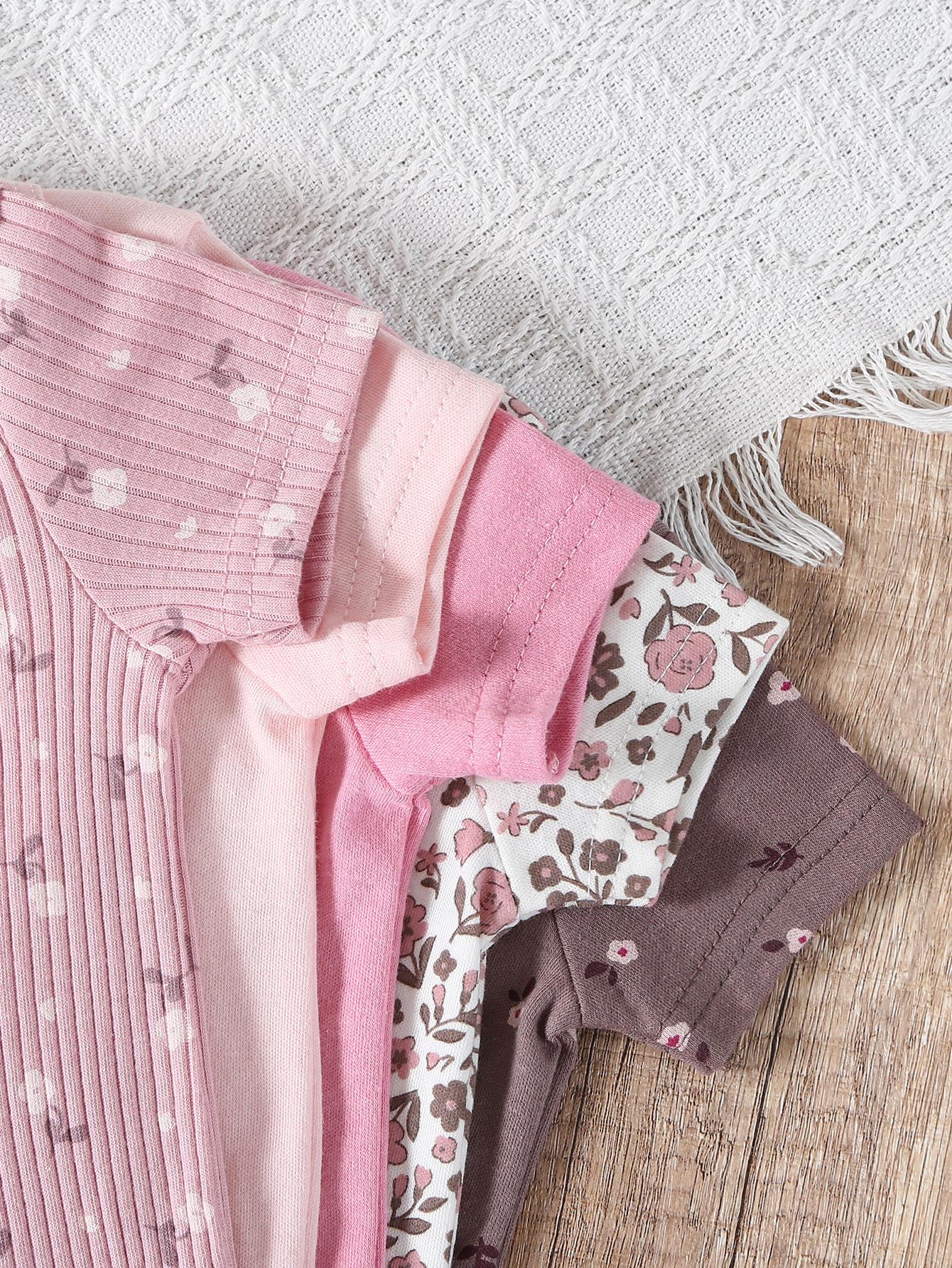 5-piece set of baby girl jumpsuits, baby cotton short sleeved dresses, and essential clothing items suitable for elegant floral styles of baby girls