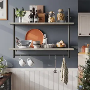 31" Kitchen Wall-Mounted Shelf with Towel Bar Hooks Coffee Bar Shelf Wine Bookshelf - Ideal for Utensils and Home Organization
