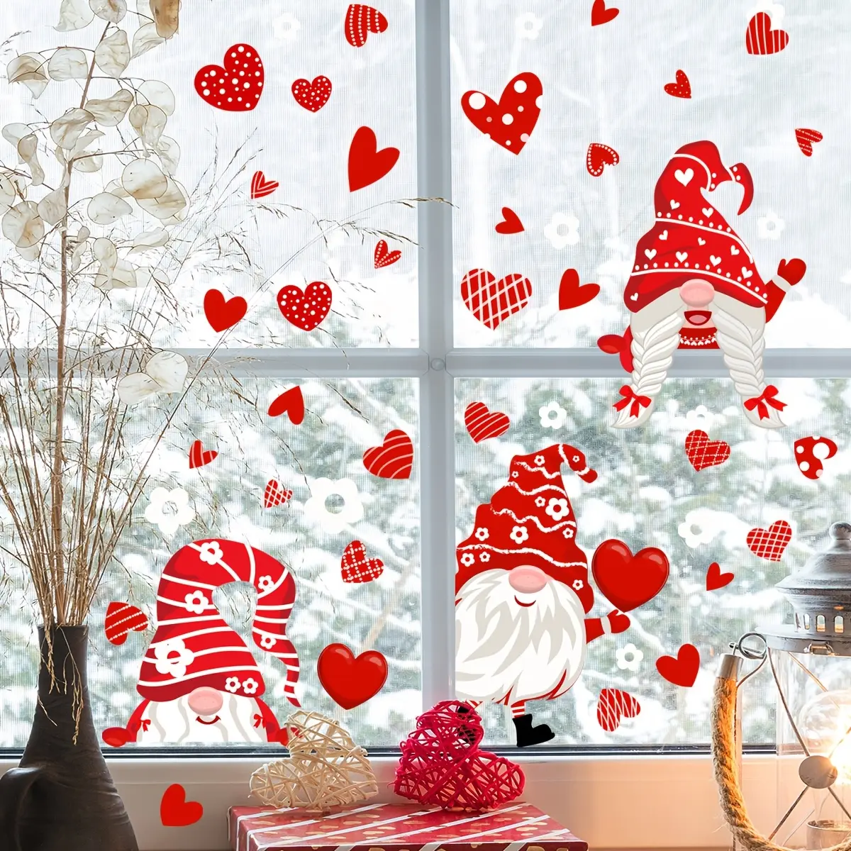 A set of two Valentine's Day red-themed gnome heart glass stickers, double-sided printed, visible, self-adhesive for bathroom and washroom glass decoration, Window Decorations Supplies, CT4025