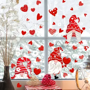 A set of two Valentine's Day red-themed gnome heart glass stickers, double-sided printed, visible, self-adhesive for bathroom and washroom glass decoration, Window Decorations Supplies, CT4025