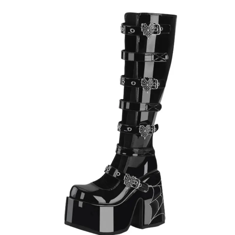 Women's Knee-High Combat Boots, Goth Punk Fashion Footwear with a Platform Sole, Chunky Block Heel and Lace-up Spider Buckles